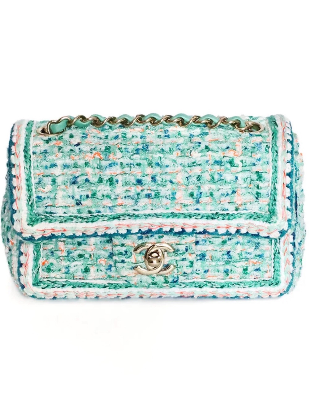 CHANEL 2019 Spring Mint Multicolor Tweed Mini Shoulder Bag with Silver Hardware